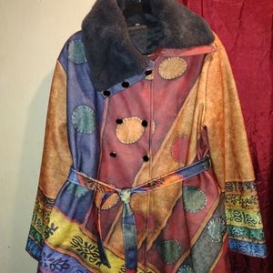 BRAND NEW WOMENS FALL PEACOAT. ANCIENT ARTS SYMBOL PRINTS.